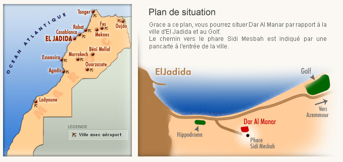 À quelques kilomètres de Dar Al Manar, découvrez l’ancienne Mazagan, cité portugaise fortifiée du XVIe siècle. Les amateurs d’histoire seront séduits par la promenade des remparts qui dévoile d’étonnants bastions, églises et portes. Ils ne manqueront pas la visite de l’impressionnante citerne portugaise, un bâtiment gothique bâti en sous-sol avec sa forêt de colonnes supportant des voûtes en palmiers.La ville nouvelle, souvent appelée Deauville marocaine offre d’agréables points de vue sur l’océan et une image assez authentique du mode de vie marocain : commerce moderne, marché aux légumes abondant, artisans.  Les Jdidis (habitants de la ville d’El Jadida) aiment à se promener sur la corniche, en famille ou en amoureux, certains d’entre eux profitant le soir de l’éclairage de la plage pour disputer des matchs de foot endiablés